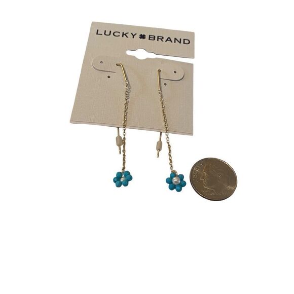 Faux Turquoise & Goldtone Flower Threader Earrings. - Picture 6 of 6
